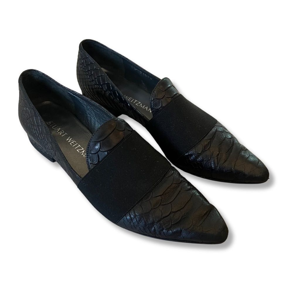 Stuart Weitzman Leather Loafers Pointed Toe Black Crocodile 5